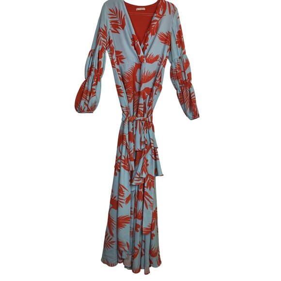 La Pateau Blue Orange Tropical Floral Ruffle Maxi Dress Boho Western Large Sexy - Picture 1 of 5